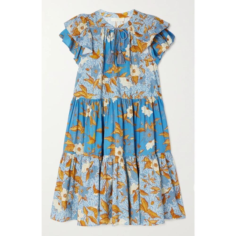 Ulla Johnson Gail Blue Floral Tiered Midi Dress Flutter Sleeve Boho Size 2